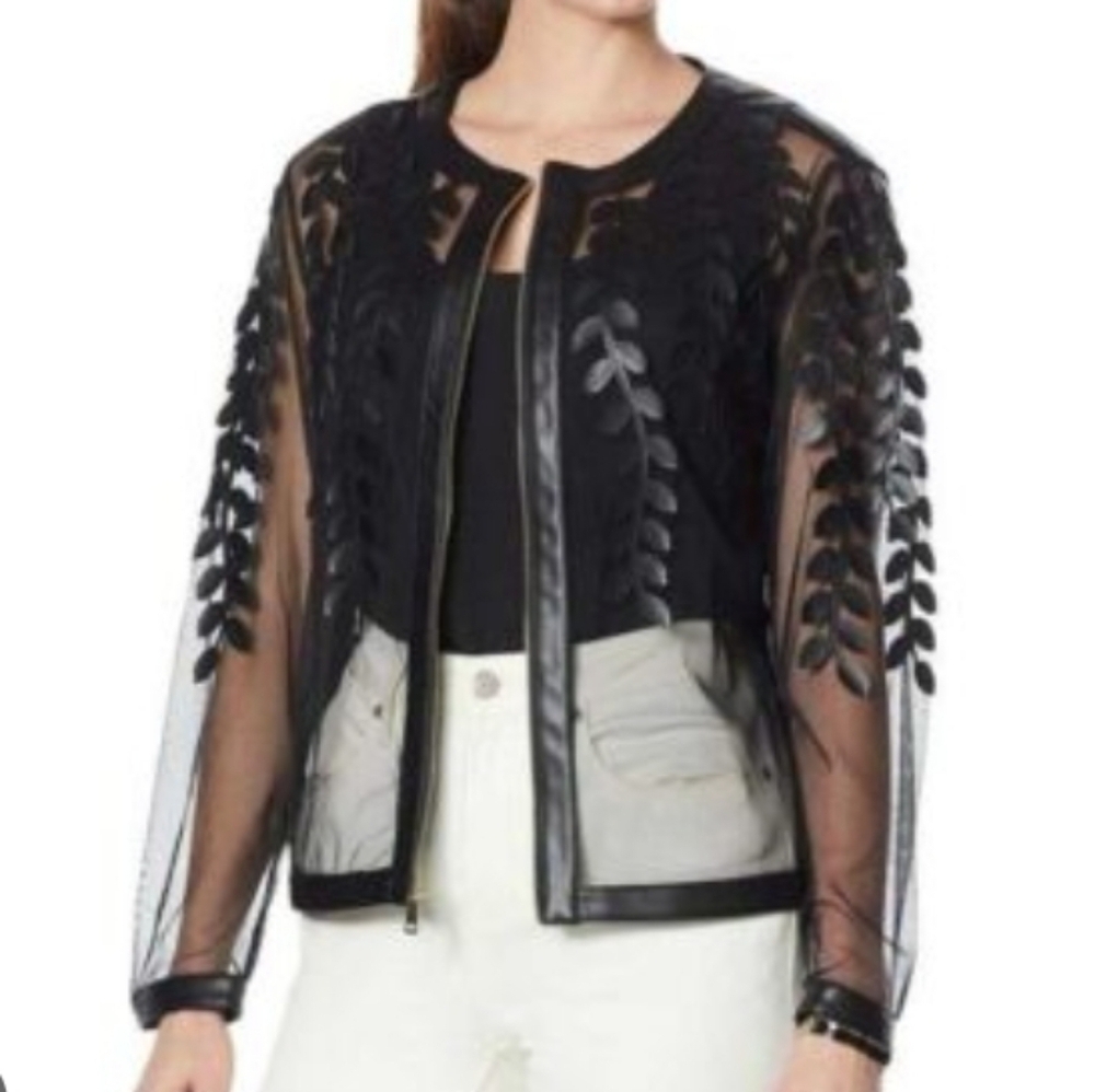Colleen Lopez Black Faux Leather Leaf Mesh Jacket, S, 20" PTP, 21" L